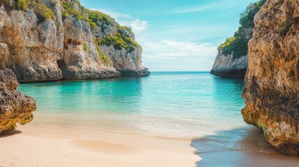 Naklejka premium Serene coastal cove with crystal clear water and rocky cliffs in a beautiful tropical setting