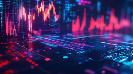 Abstract rendering of futuristic digital interface with red and blue glowing elements and data graphs