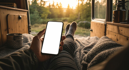 Relaxing in Camper Van, Holding Smartphone with Blank Screen at Sunset