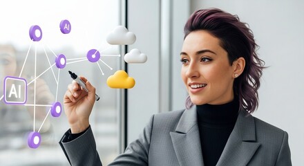 Professional woman interacting with AI network and cloud computing on a transparent virtual screen