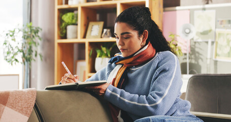 Writing, creative and woman with notebook, home or fiction writer with ideas for novel or...