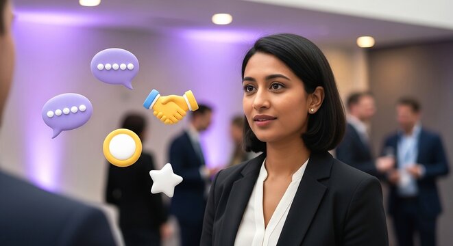 Professional South Asian woman at a business event surrounded by digital communication and networking icons