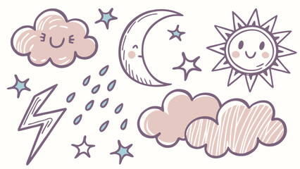 Cute weather elements pastel purple and blue moon clouds
