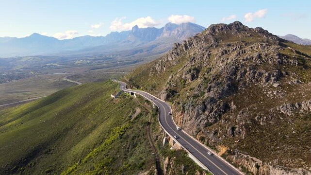 Scenic Sir Lowry's Pass over Hottentots Holland mountain range, aerial
