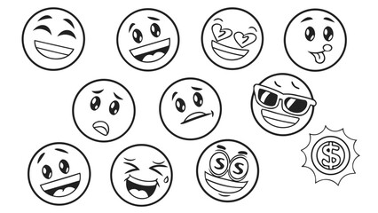 Diverse cartoon faces with varied expressions and a money symbol