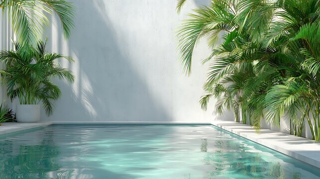 Luxury swimming pool with palm trees and white wall for summer vacation and relaxation and tropical design