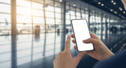 Hands holding smartphone with blank screen at modern airport terminal
