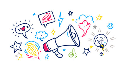Doodle elements with megaphone and lightbulb illustration