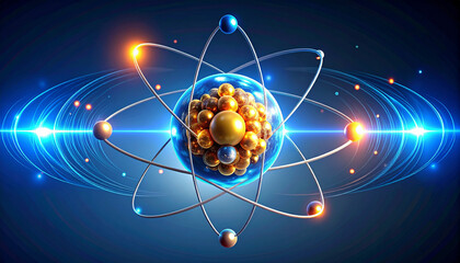Artistic depiction of an atom, showcasing electrons orbiting a central nucleus with energy.