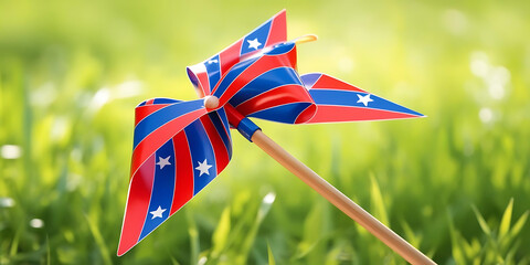 Patriotic pinwheel with red white and blue colors in green grass