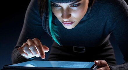 Determined young woman using a glowing digital tablet in a dark high-tech environment for cybersecurity