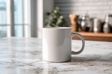 Fototapeta premium Blank White Mug Mockup on Marble Countertop in Bright Kitchen for Custom Design