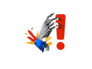 Hand reaching for exclamation mark with colorful explosion isolated on a transparent background blue