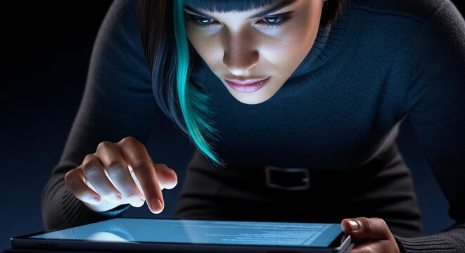 Determined young woman using a glowing digital tablet in a dark high-tech environment for cybersecurity