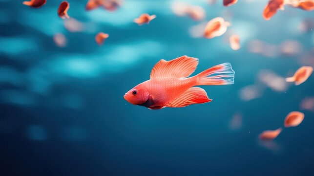 Colorful goldfish swimming gracefully in a tranquil underwater environment dotted with soft glowing lights