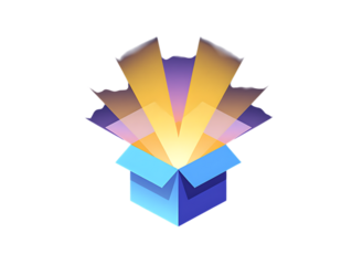 Blue box radiating colorful light beams isolated on a transparent background open rays