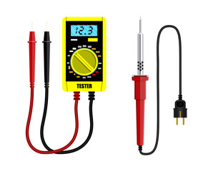 Digital multimeter with probes and soldering iron. Electronic repair and home improvement tools. Flat style vector set collection illustration.