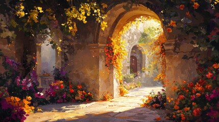 Sunlit garden archway adorned with vibrant flowers, creating an inviting atmosphere in an enchanting outdoor space