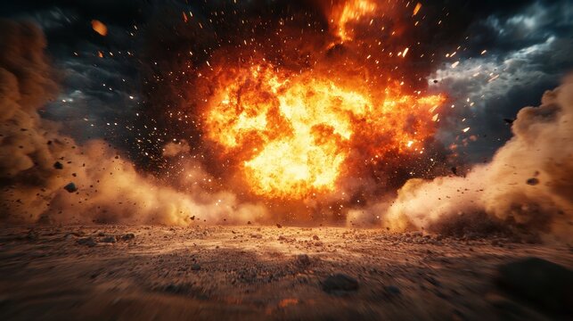 Tank explosion during combat creates massive fireball against a dark cloudy sky and billowing smoke at the battlefield location