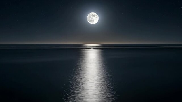 Moonlit Ocean Reflection - A bright full moon casts a long, shimmering path of light across the dark ocean surface at night.