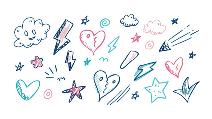Hand drawn doodles of hearts stars clouds and lightning bolts
