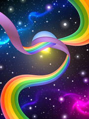 Fototapeta premium Intertwined pastel rainbow light ribbons crossing a star-filled deep-space sky, with an auroral glow around a translucent moonlike sphere