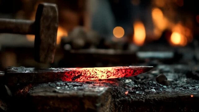 A blacksmith expertly shapes hot metal on an anvil, sparks flying.