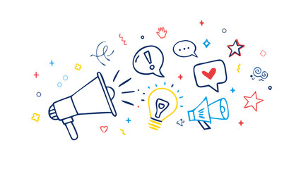 Hand drawn doodles with megaphones and lightbulb speech bubble