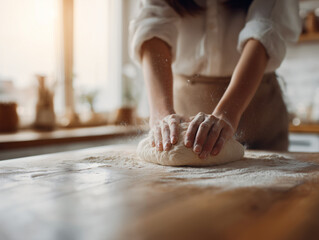 A woman kneading dough in a clean kitchen with warm, soft lighting.