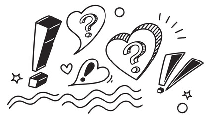 Hand drawn hearts question marks exclamation points
