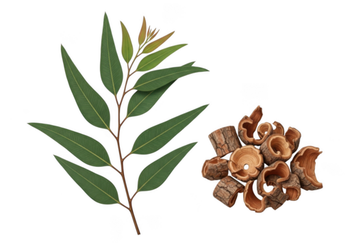 Green leafy branch and brown seed pods isolated on transparent background