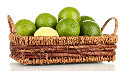 A collection of vibrant green limes rests within a rustic, brown wicker basket, presented against a plain white backdrop.