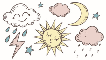 Hand drawn weather elements with sun moon clouds stars and rain