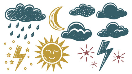 Hand drawn weather elements sun moon rain lightning