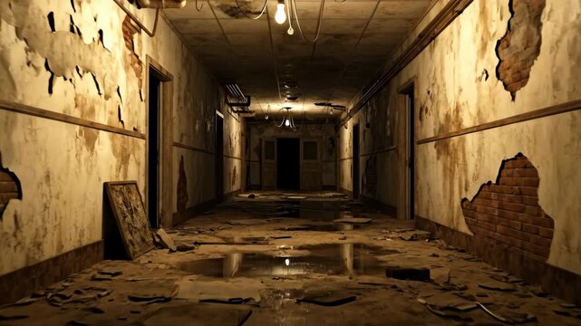 Creepy Abandoned Hospital Corridor - A long, dimly lit corridor in a derelict mental hospital is shown, with peeling paint, exposed brick, and puddles of water on the decaying floor.
