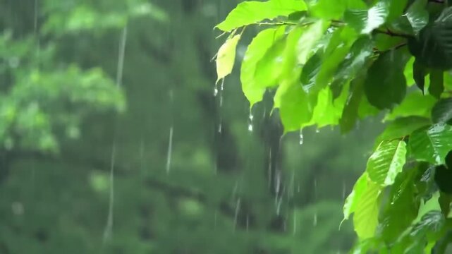 Serene Moment Capturing Rain on Lush Green Leaves | hujan daun 1.mp4 | Nature's Beauty