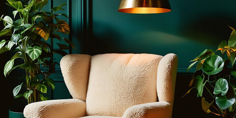 Cream armchair with green plants set against a dark teal wall
