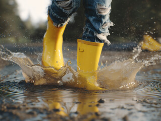 a young person relax wearing yellow rain boots splashing in a puddle