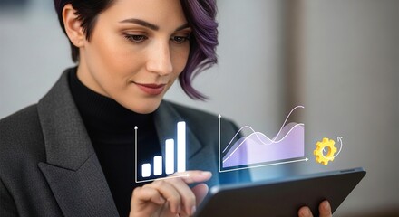 Businesswoman analyzing digital data charts and financial growth graphs on a modern tablet screen