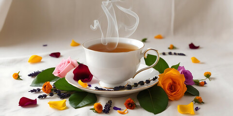 A steaming cup of tea surrounded by colorful flowers and petals.
