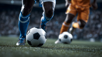 Fototapeta premium A photograph of two soccer players, in professional gear, viewed in close-up