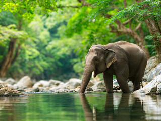 Naklejka premium Majestic Elephant Wildlife Safari River Reflection Nature Conservation Scenic Jungle Habitat Lush Green Forest Vibrant Biodiversity Tranquil Riverside Beautiful 