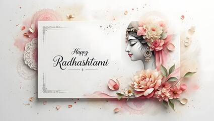 Radhashtami greeting card isolated on white background featuring a serene woman surrounded by flowers, ideal for sending festive wishes and celebrating the auspicious occasion