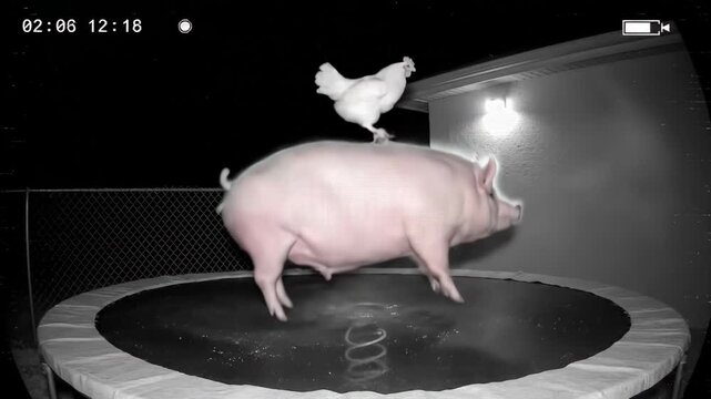 A funny black and white security camera captures a pig and a chicken on its back standing on a backyard trampoline at night

