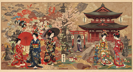 Illustrations of Japanese culture in the style of Ukiyo-e　日本文化を浮世絵風にまとめたイラスト