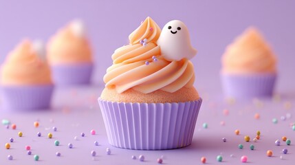A charming 3D render of a pastel cupcake with an adorable ghost decoration, symbolizing a delightful and sweet Halloween treat