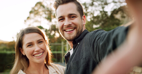 Happy, selfie and portrait of couple in park for relationship, social media and relax together outdoor. Pov, dating and man with woman in nature with picture, online post and memory for bonding