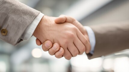 Close-up of a professional handshake with crisp suit sleeves, conveying trust and business partnership.