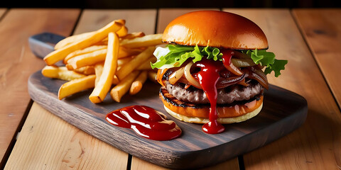 Delicious burger with lettuce, fries, and ketchup served on a wooden board
