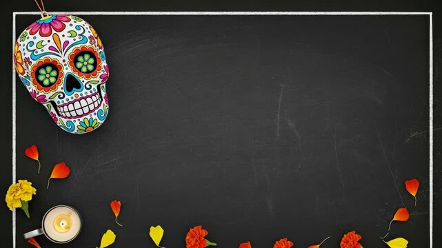 Dia de los Muertos Blackboard Invitation - A black chalkboard provides ample copy space, bordered by a sugar skull ornament, marigolds, petals, and a small candle.